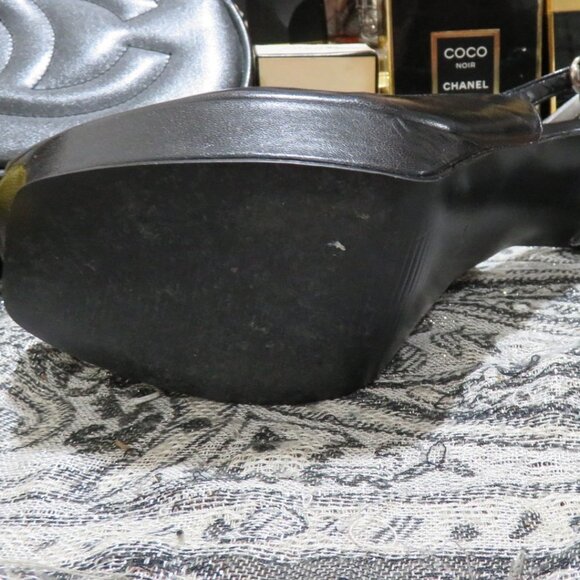 Guess black leather peep toe slingback platform heels w/ charm 7.5 silver heels - Picture 14 of 16